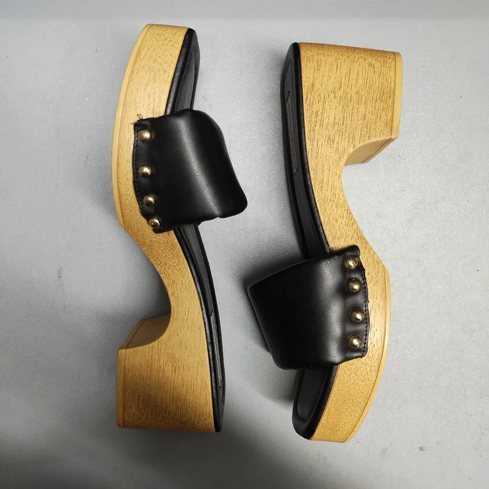 Steve Madden Chana Woody Platform Slide Sandals Womens US 9 Black Brown Open Toe